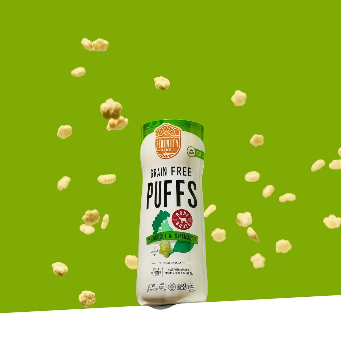 Serenity Kids 6+ Months Grain Free Puffs Toddler & Baby Snack | No Added Sugar, Gluten & Rice Free, Allergen Free | Made with Organic Cassava, Veggies, and Herbs | Broccoli & Spinach | 1 Count