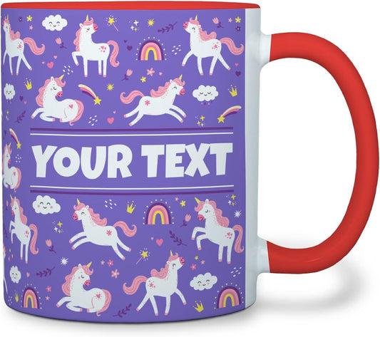 Personalized Mug for Kids - Purple Unicorn - Custom Name/Text, Ceramic Hot Chocolate/Cocoa/Coffee Cup for Girls, Birthday/Christmas/Holiday Gift - 11 oz, Red Handle
