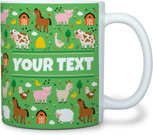 Personalized Mug for Kids - Farm Animals - Custom Name/Text, Ceramic Hot Chocolate/Cocoa/Coffee Cup for Boys/Girls, Birthday/Christmas/Holiday Gift - 11 oz, White Handle