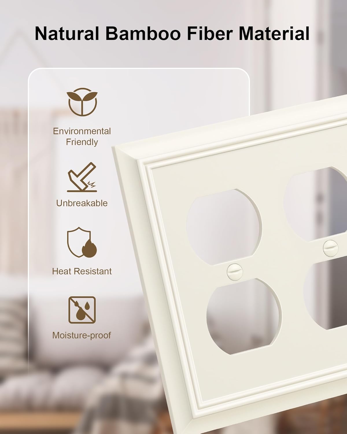 2-Pack Double Duplex Outlet Cover, Light Almond Decorative Switch Plates and Outlet Covers for Electrical Outlets, Durable Natural Bamboo Fiber Wall Plates, 2 Gang Receptacle Cover