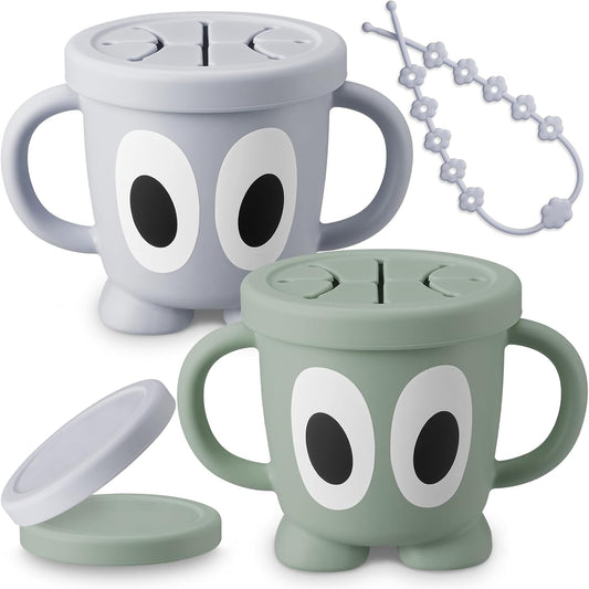 Silicone Snack Cups Food Container for Toddlers and Babies, Spill Proof Training Cup with Snack Cup Lid & Dust Proof Lid, Comes with a toy strap, Without BPA, Lead, or Phthalates (Sage & Gray)