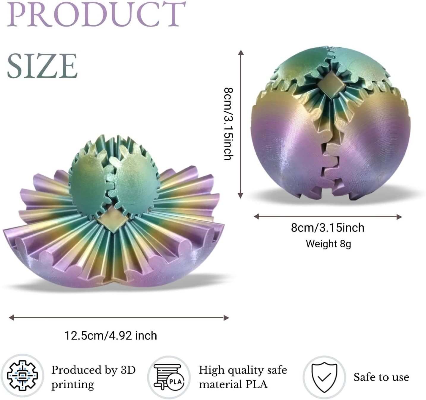 3D Printed Gear Ball, Gear Sphere Fidget Toy Stress Relif Toy for ADHD, Anxiety Relaxing Toy for Adults at Work/Study/Travel, Candy Color