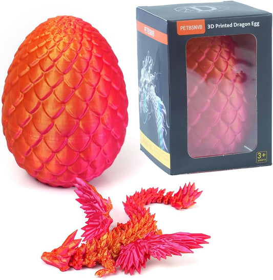 7" 3D Printed Dragon with Wings in Egg, Easter basket stuffers, Crystal Dragon Surprise in Eggs, Articulated Dragon, Dragon Fidget Toy, Home Office Decor Executive Desk Toy (Laser Red)