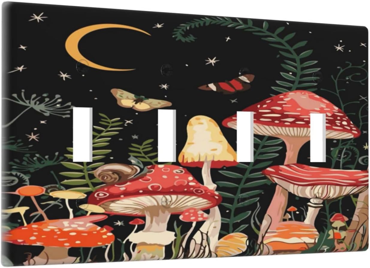 Moon Star Red Mushroom Forest Butterfly Green Plant Light Switch Covers Quad Toggle Electrical Faceplate 4 Gang Wall Plate Decorative Switch Plates for Kids Room Home Decor