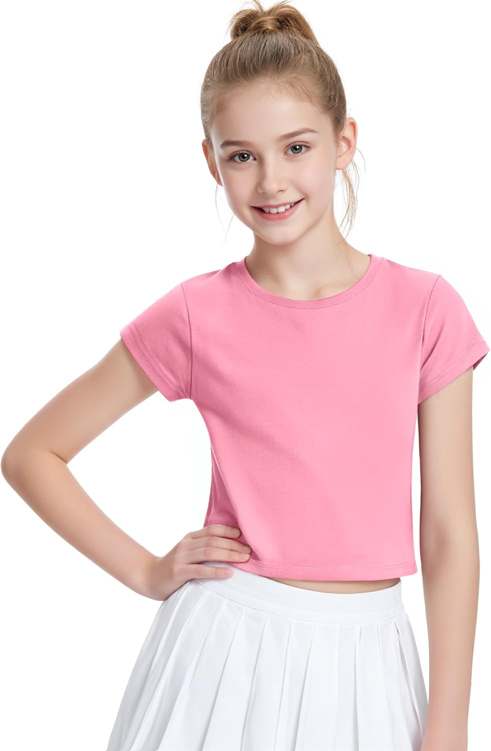 Auranso Girls Crop Tops Summer Short Sleeve Round Neck T Shirts Basic Tee for Kids