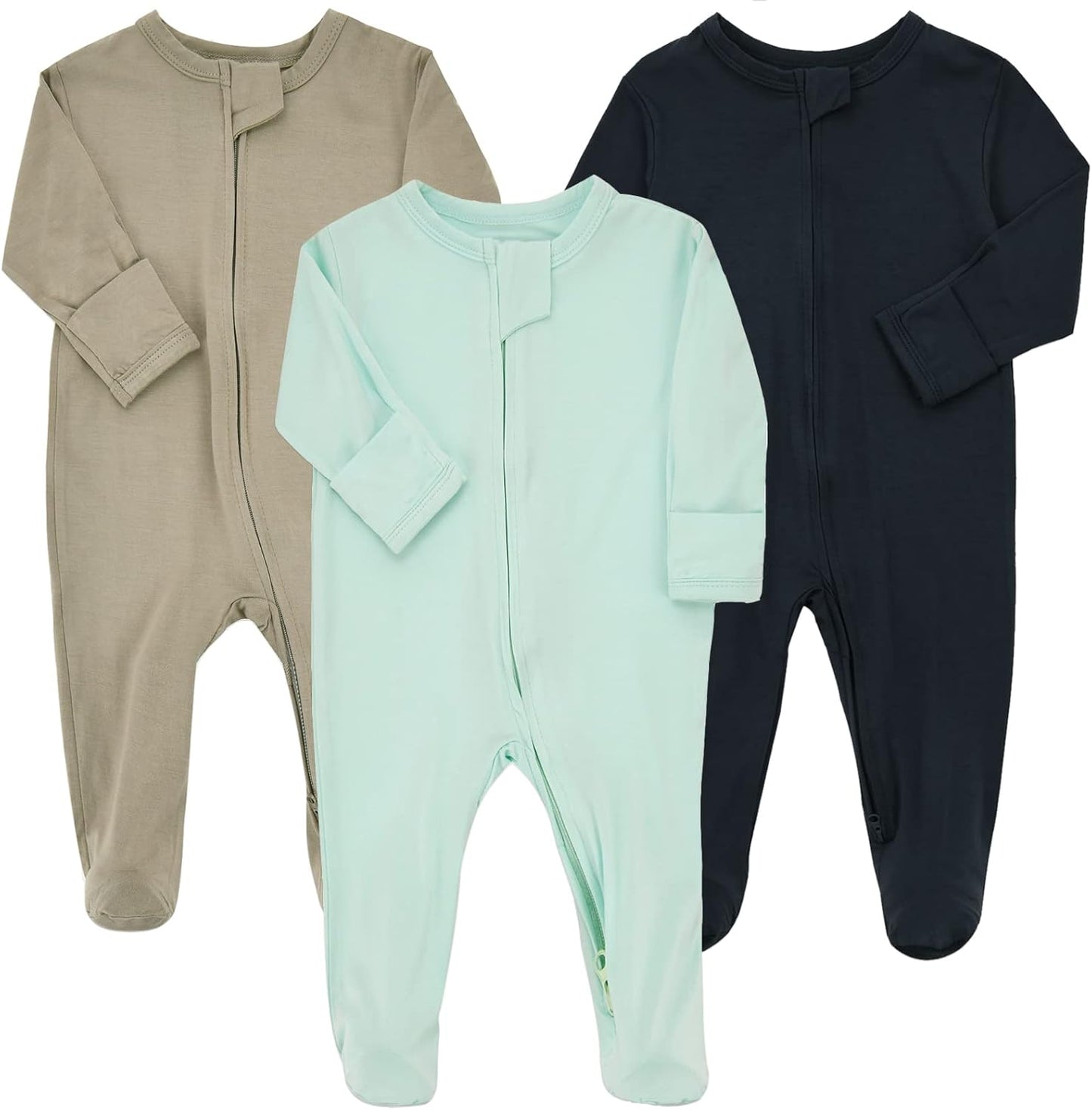 Aablexema Baby Zipper Pajamas Bamboo Rayon, 3pcs Unisex Infant Onesie with Mitten Long Sleeve Footed Pjs