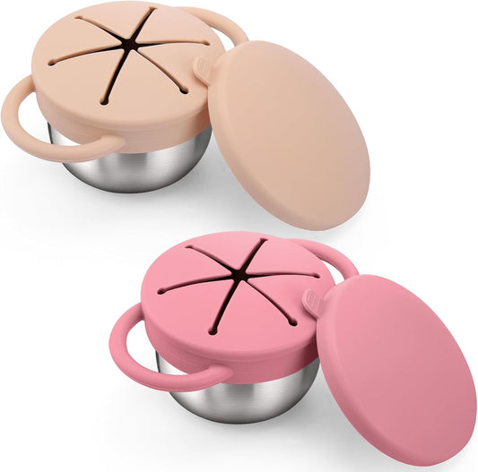 BUSOHA 2 Pack Stainless Steel Toddler Snack Cups - 9 OZ Spill-Proof Baby Snack Containers with Silicone Catcher and Lid Travel Snack Containers for Kids Dishwasher Safe Food Grade Silicone