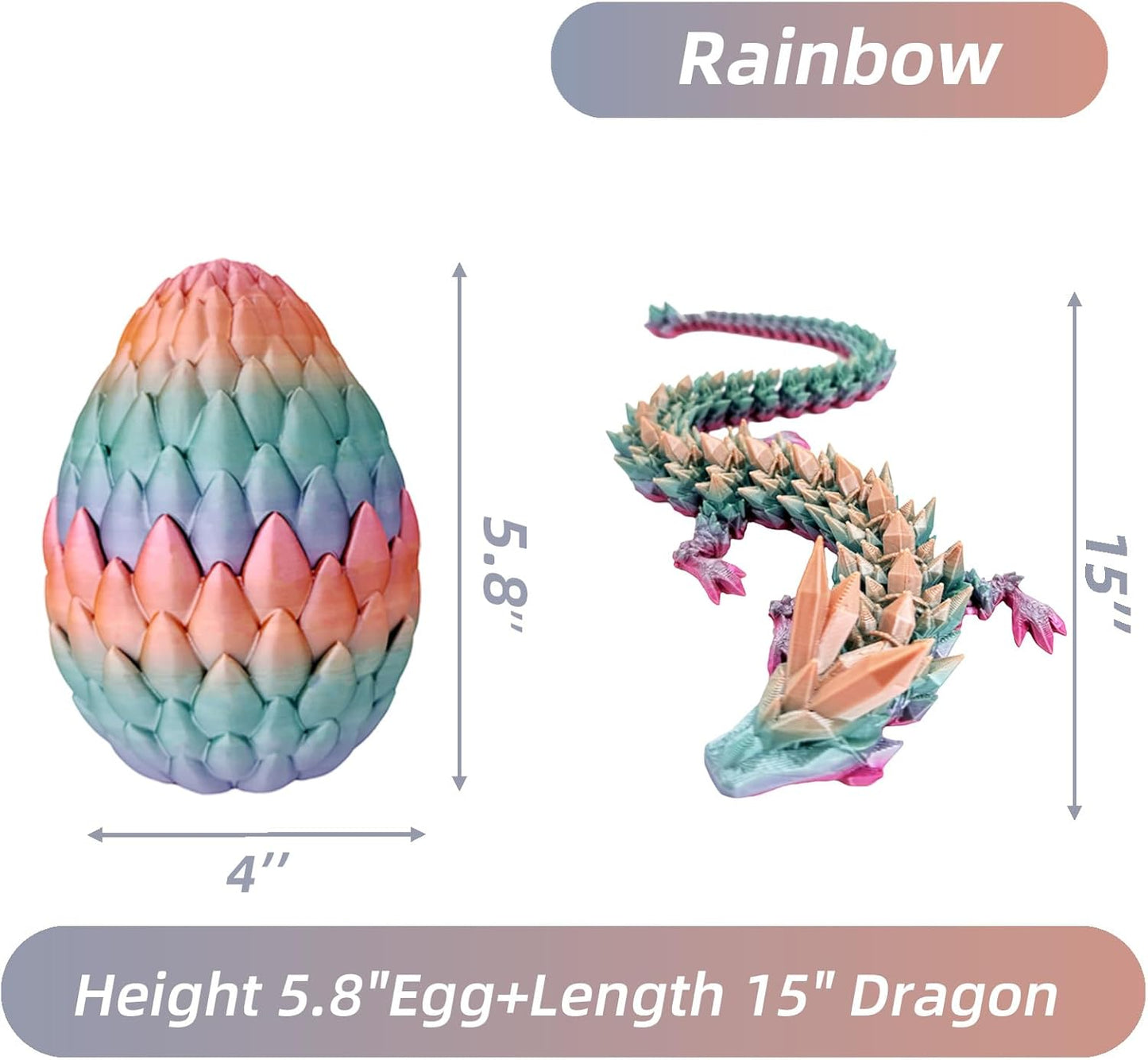 Dragon Egg,15in Crystal Dragon,Surprise Egg ,Articulated Dragon,3D Printed Gift Toy,Fidget Toys for Autism/ADHD, Executive Desk Toys,Home Office Decor (Rainbow)