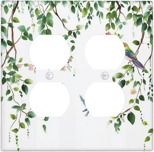 Outlet Covers Green Leaves Bird Eucalyptus Sage Plant 2 Gang Double Duplex Decorative Light Switch Covers Electrical Wallplates Socket Faceplate For Bed Room Living Room Decor