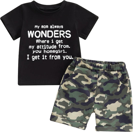 wdehow Toddler Kids Baby Boy Summer Clothes Sets 1T 2T 3T 4T 5T Letter Print Short Sleeve Tops Camouflage Shorts Outfits