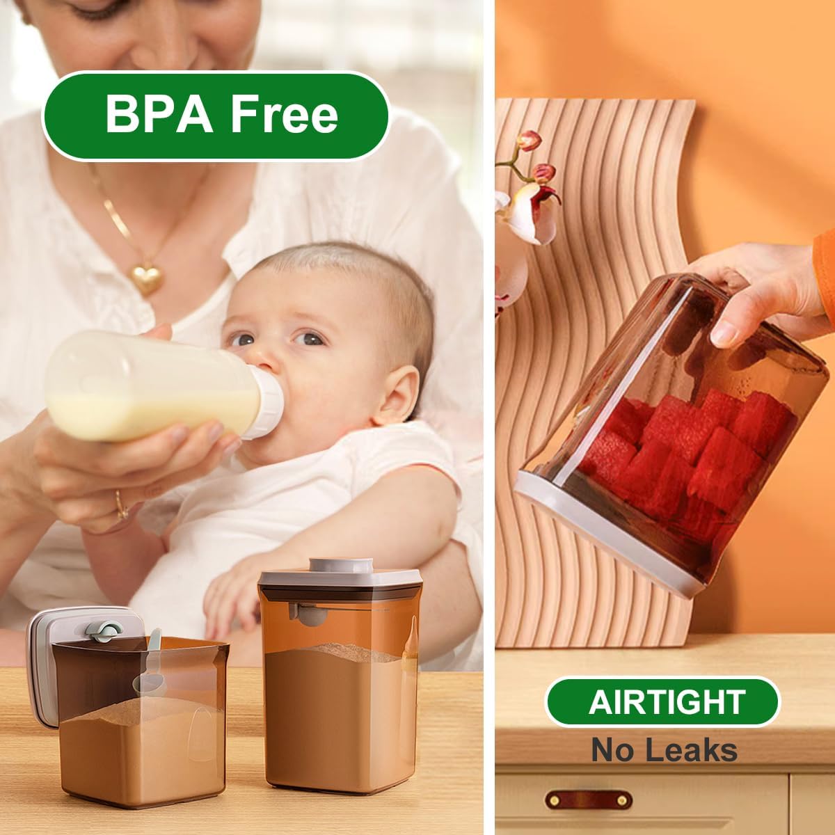 Ankou One-Push Formula Container, 2300ml Formula Dispenser with Scoop and Scraper, Milk Powder Container with Lids, BPA-Free Airtight Food Storage Container 1000g Large Capacity,Dark Brown, Rectangle