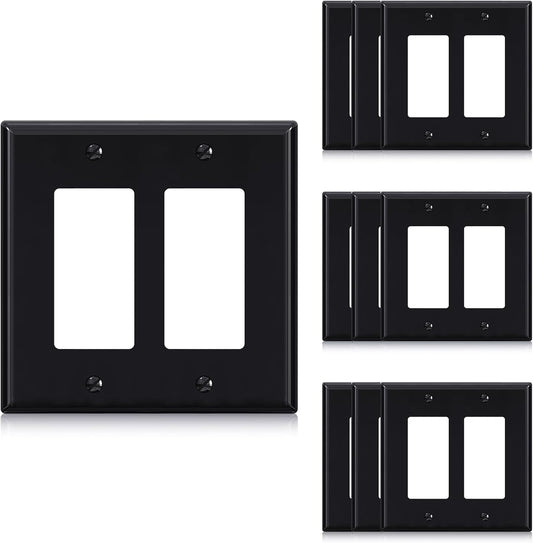 ELEGRP 2-Gang Decorative Wall Plates, Mid-Size 4.88" H x 4.94" L Unbreakable Thermoplastic Faceplate Cover for Decorator Receptacle Outlet Switch, UL Listed (10 Pack, Glossy Black)