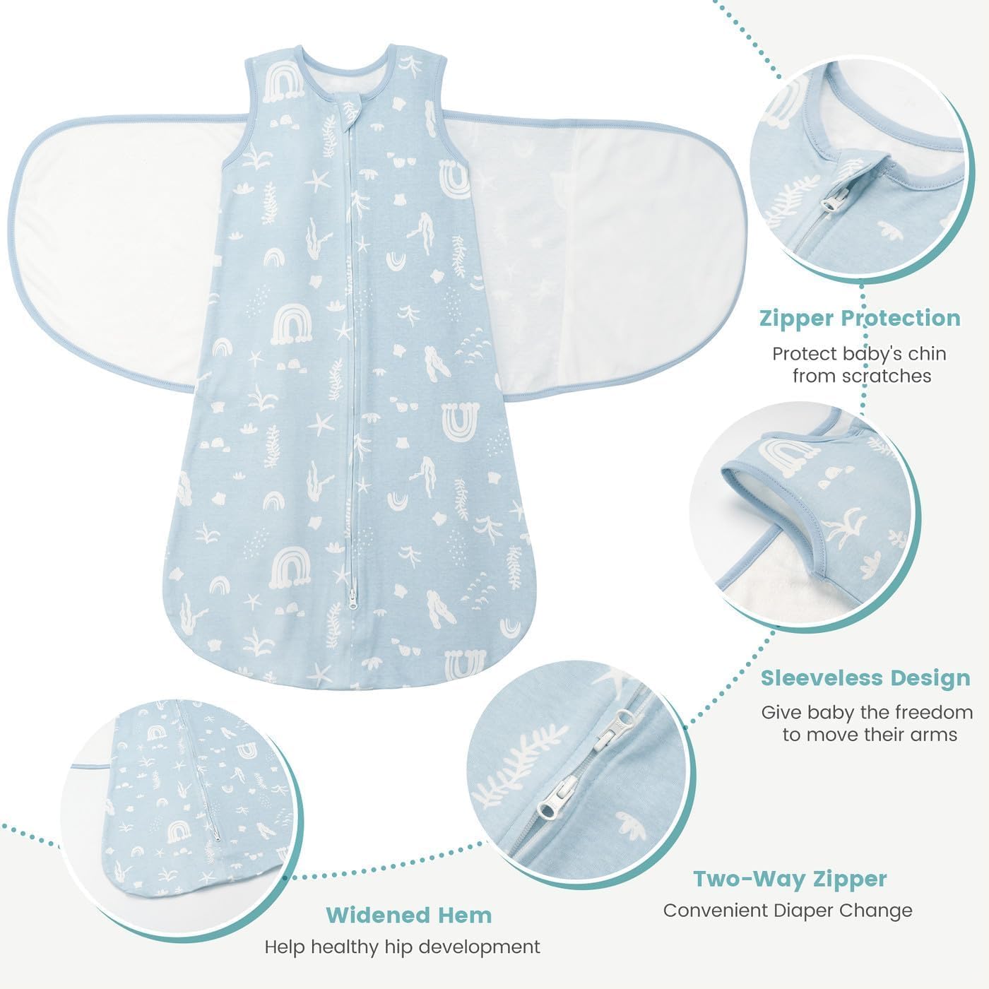 Baby Swaddle Sleep Sack 1.0 Tog 3-in-1 Cotton Baby Swaddle Blanket Wrap for Newborns 0-6 Months Seabed World