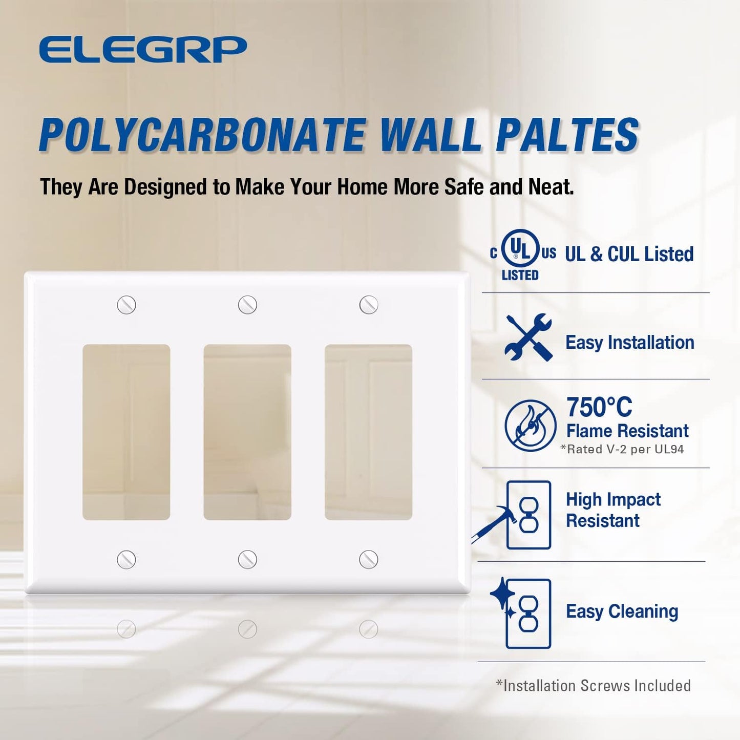 ELEGRP 3-Gang Decorative Wall Plates, Mid-Size 4.88" H x 6.75" L Unbreakable Thermoplastic Faceplate Cover for Decorator Receptacle Outlet Switch, UL Listed (2 Pack, Glossy White)