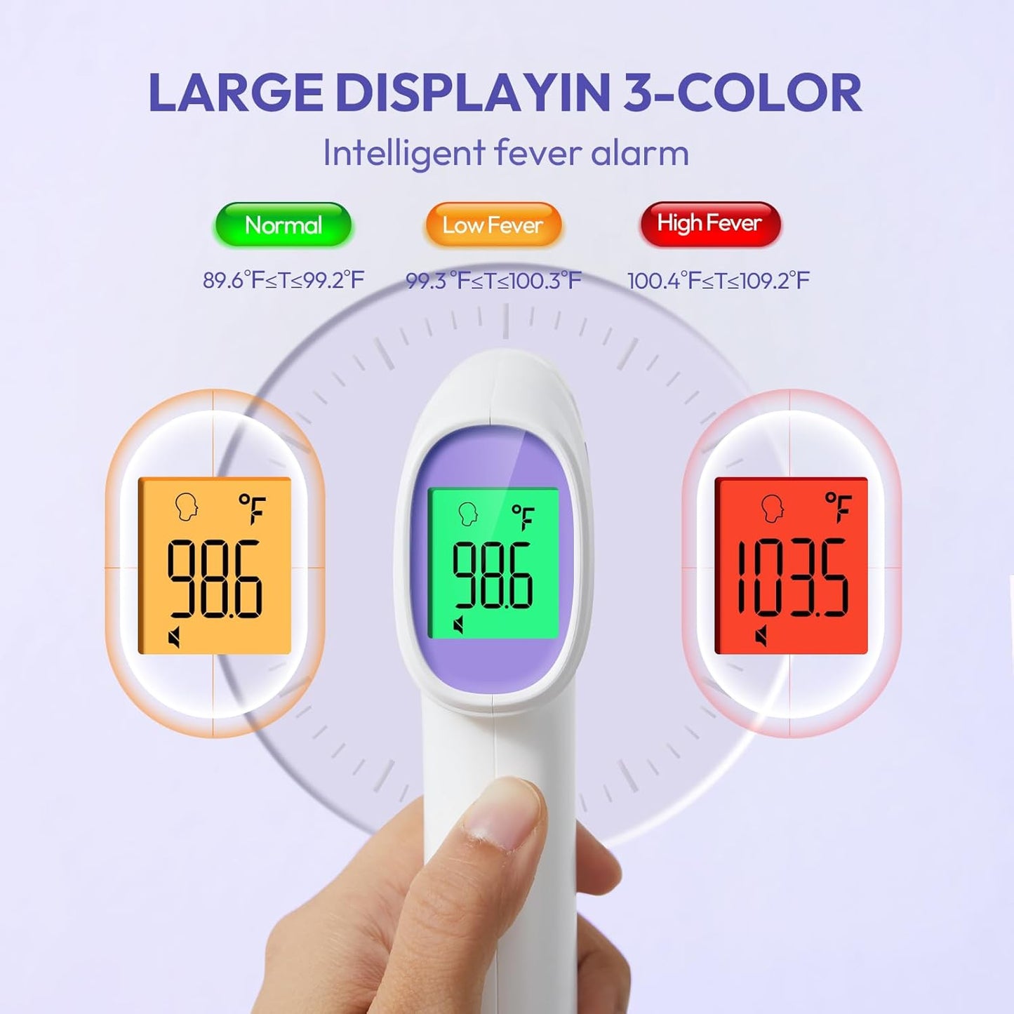 Forehead Thermometer for Adults, Kids & Babies, No-Touch Digital Thermometer with LCD Backlight Display, Fever Alarm and 1s Instant Reading - Purple
