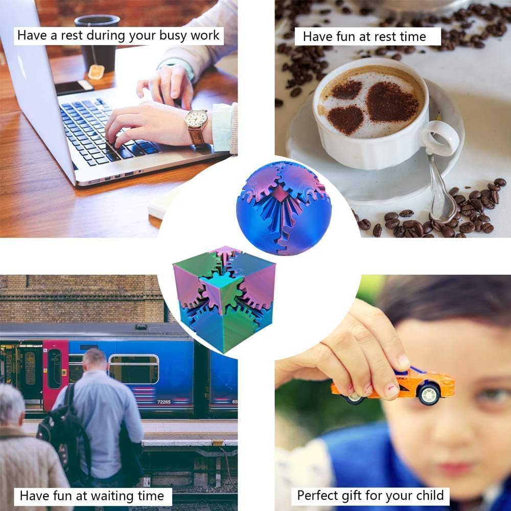 Gear Ball 3D Printed Gear Ball Spin Ball OR Cube Fidget Toy - Perfect for Stress and Anxiety Relaxing Fidget Toy, Desk Toy - Ideal for Sensory Needs and Autism (Red Blue)