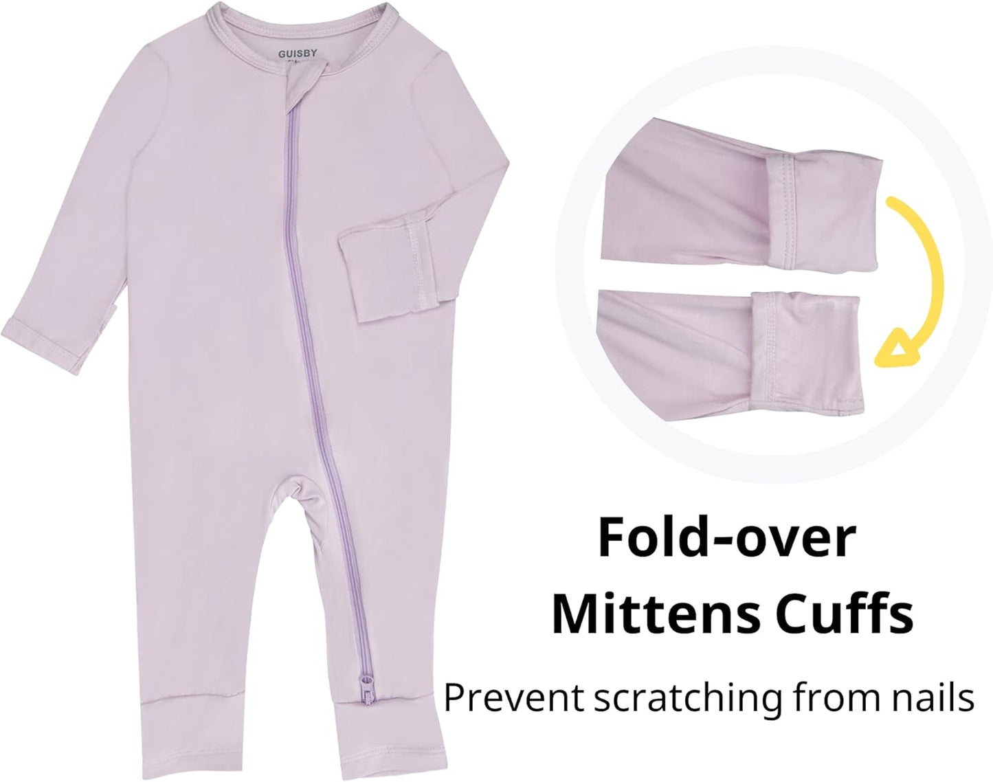 GUISBY Baby Pajamas with Mitten Cuffs - 3Pcs Girls Boys 2 Way Zipper Long Sleeve Rayon Sleepers