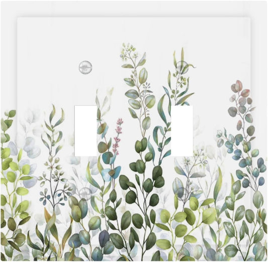 Green Eucalyptus Leaf Plant Herbs Springnature Decorative Switch Plates 2 Gang Double Toggle Outlet Light Switch Cover Wall Plate Electrical Faceplate for Bed Room Living Room Decor