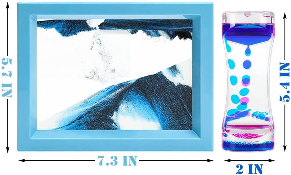 Moving Sand Art Picture and Liquid Motion Bubbler for Sensory Play Calm Stress Relief Fidget ADHD Anxiety Autism Activity for Children Kid Adult Home Office Desk Decor Birthday, Blue