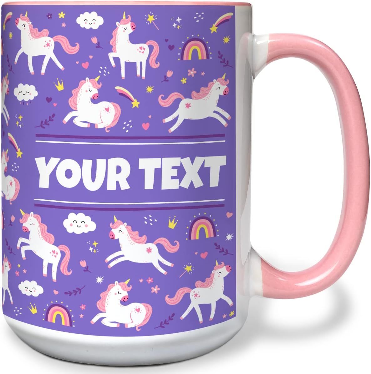Personalized Mug for Kids - Purple Unicorn - Custom Name/Text, Ceramic Hot Chocolate/Cocoa/Coffee Cup for Girls, Birthday/Christmas/Holiday Gift - 15 oz, Pink Handle