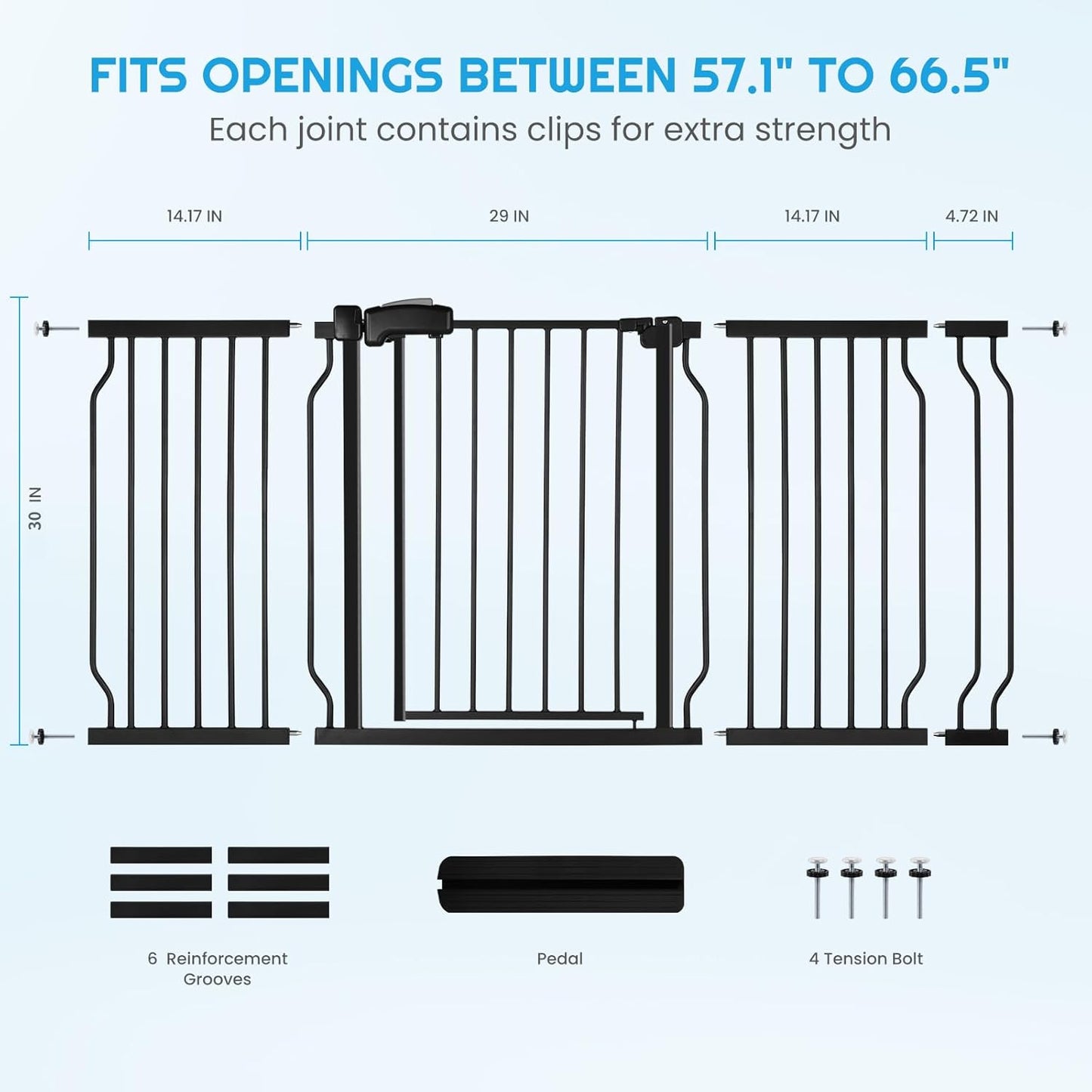 Extra Wide Baby Gate for Stairs Doorways with Door, 30" Tall 57.1-66.5" Wide Easy Install Dog Gate Indoor, Safety Metal Pressure Mounted Pet Gate with Walk-Thru Auto Close for the House, Black