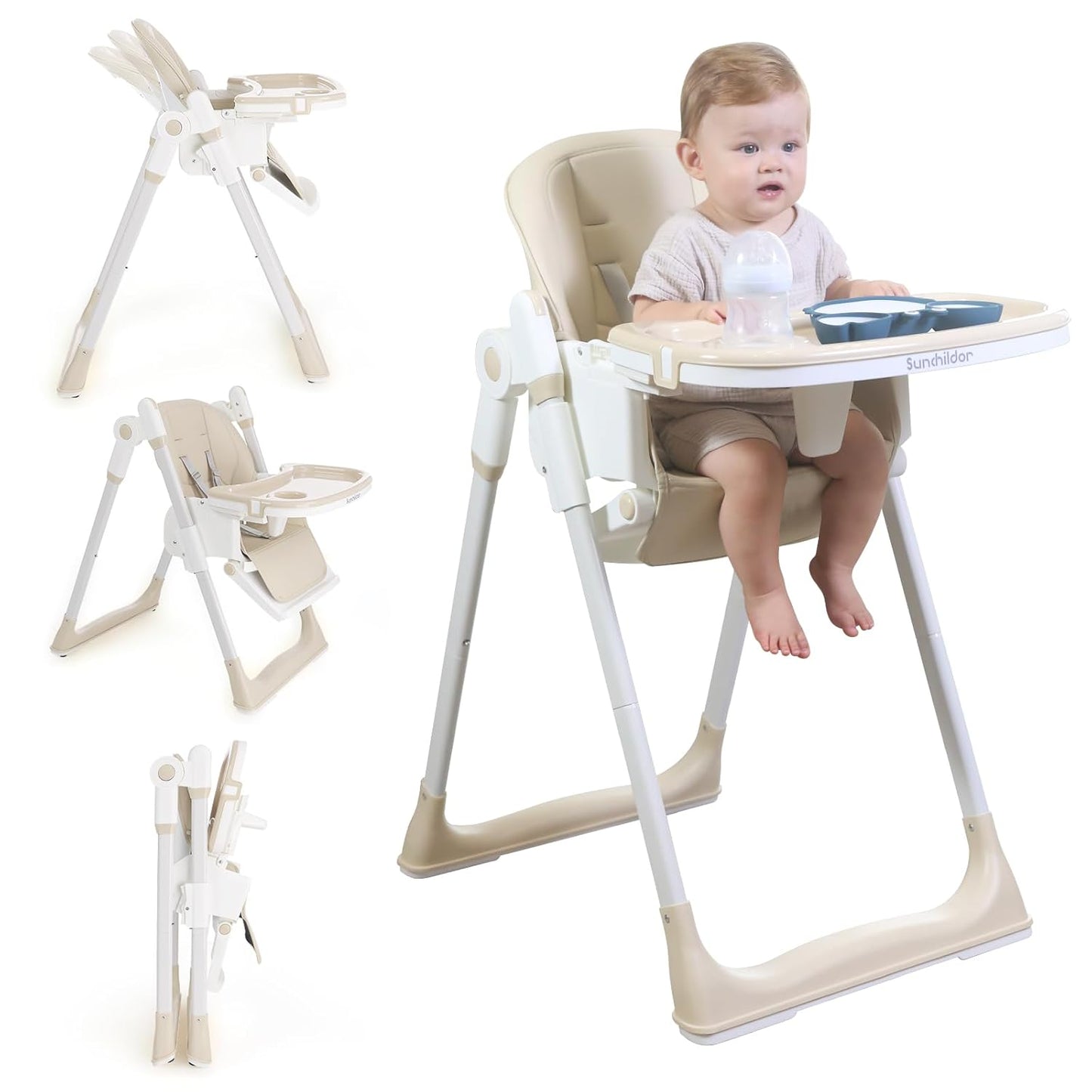 3 in 1 Baby High Chair with Wheels, Adjustable 5 Point Harness, Tray, Foot Rest, Backrest and Seat Height, Foldable High Chair for Toddlers, Beige