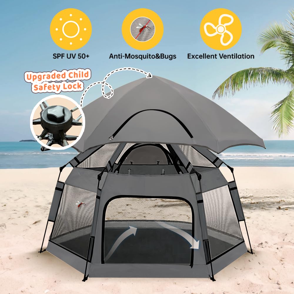 Pop Up Playpen for Babies with Canopy & Safety Lock - Outdoor Baby Playpen with 6 Ground Stakes & 6 Sand Stakes, UV Protection & Carry Bag, Instant Beach Tent for Indoor/Outdoor Use（Grey）