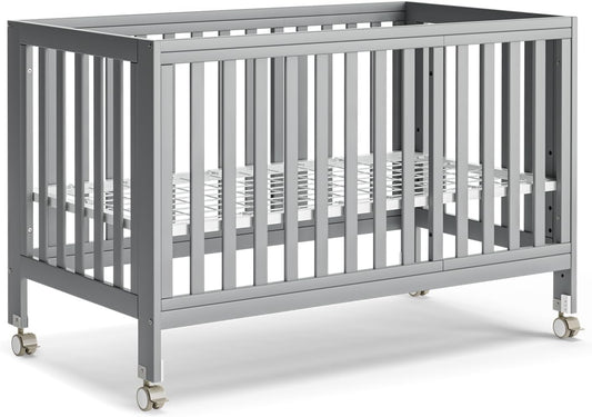 EvoNest Baby Crib, 11 in 1 Convertible Mini Crib with Wheels, 100% New Zealand Wood Growing Bed, 4 Adjustable Mattress Height,Grey
