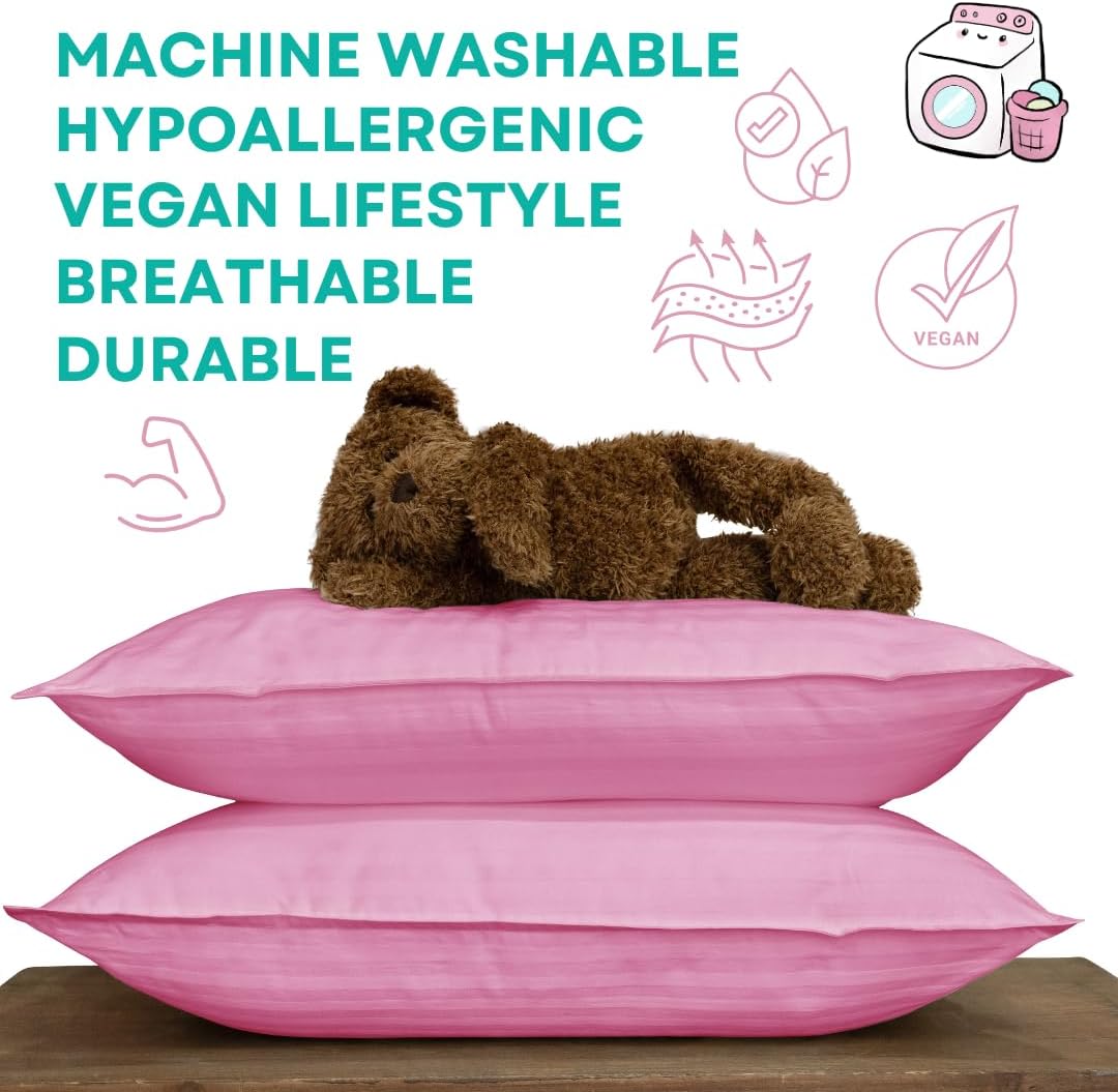 kinder Fluff Children Pillows (2pk) - The only Pillow for Kids 300T Cotton Shell & Down Alternative Fill - Machine Washable, Ideal Pillow for Kids Above 12 Years (17x26in - Pink)