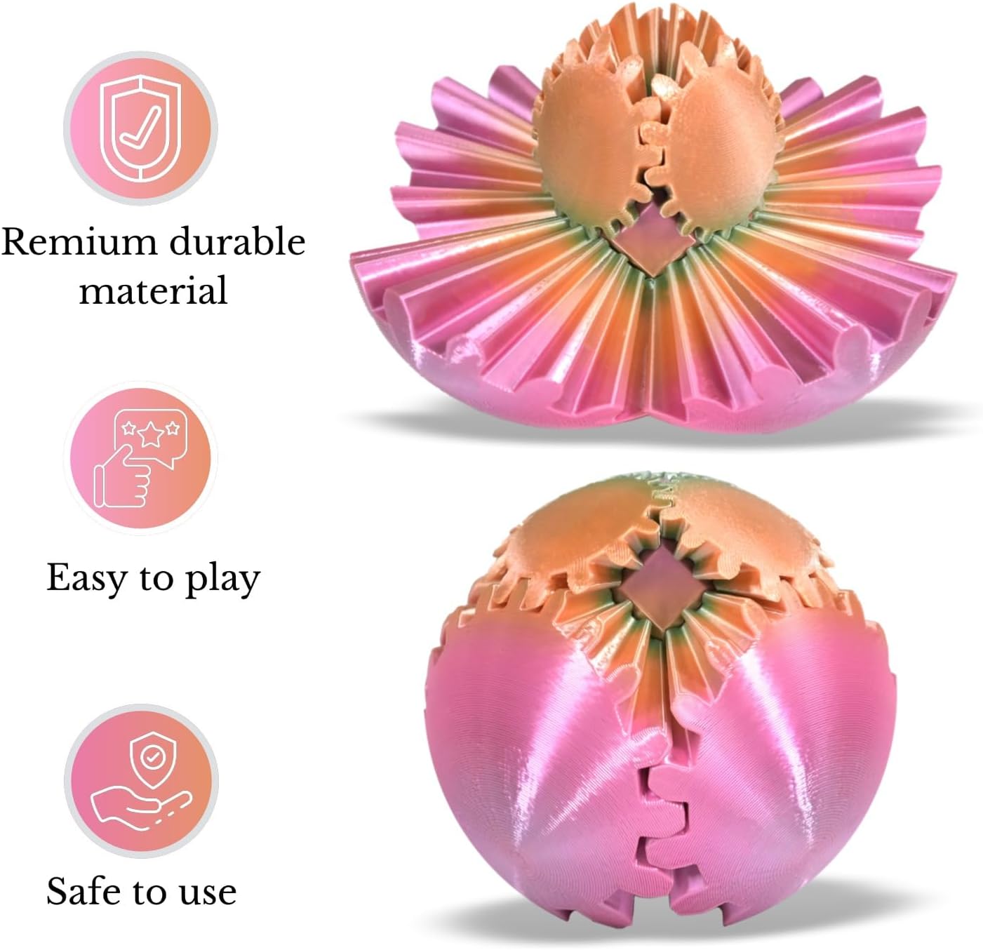 3D Printed Gear Ball, Gear Sphere Fidget Toy Stress Relif Toy for ADHD, Anxiety Relaxing Toy for Adults at Work/Study/Travel, Rainbow Color