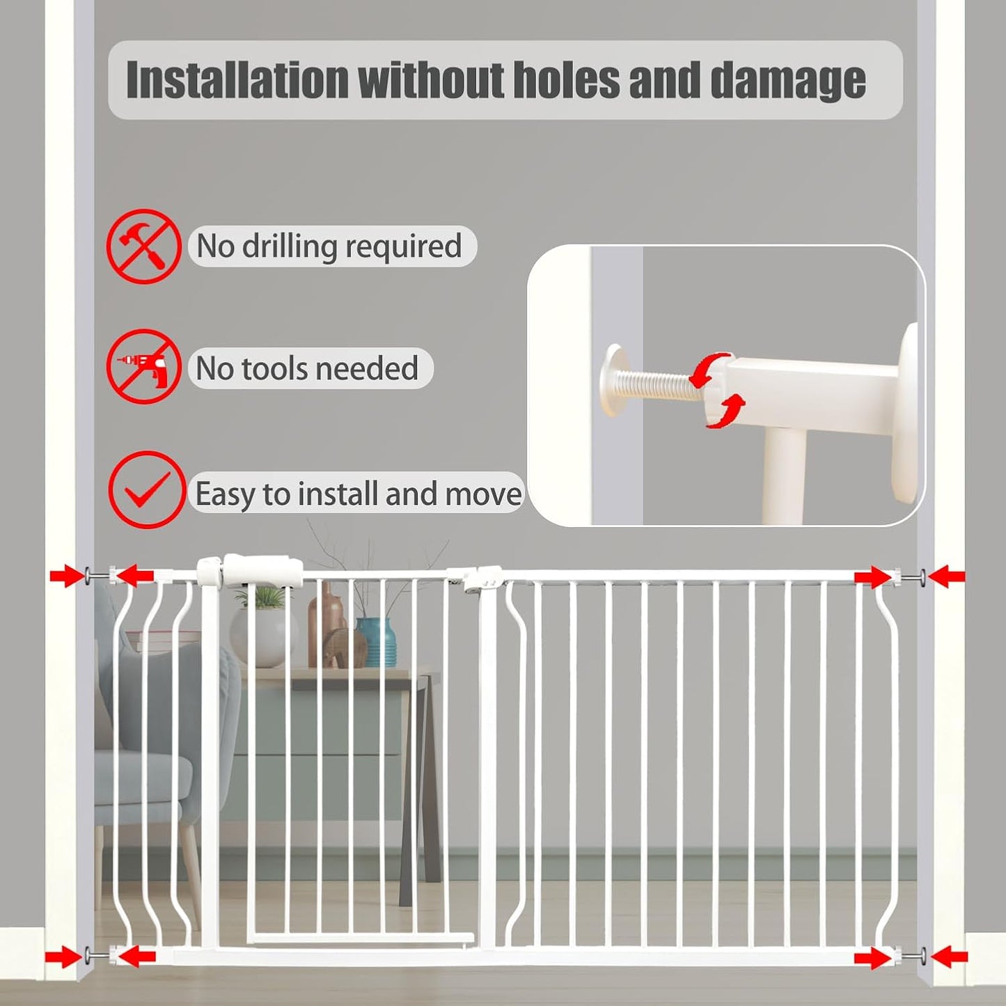 Extra Wide Baby Gates - 71.6-76.4 Inch, Heavy Duty Baby & Pet Safety Gate, White Metal, Tension Mounted Child & Pet Gates for Stairs & Doorways