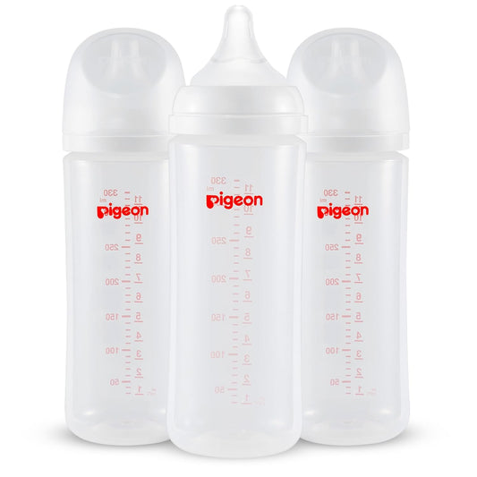 Pigeon PP Nursing Bottle Wide Neck, Anti-Colic, Streamlined Body, Natural Feel, Easy to Clean, 11.2 Oz (Pack of 3), Includes 3pcs L Nipples (6m+)