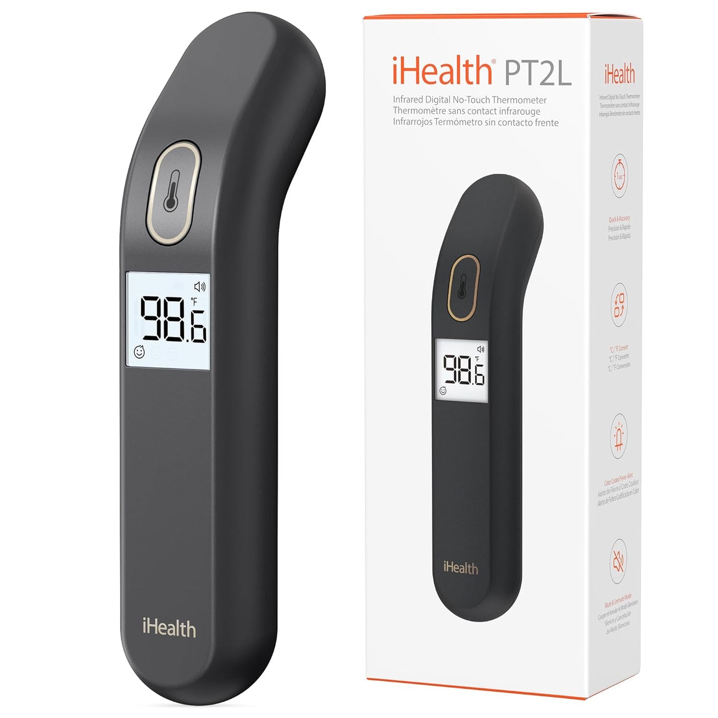 iHealth Touchless Thermometer for Adults and Kids, FSA/HSA Eligible, Color-Coded Alert & Silent Mode, 1-Second Accurate Fever Check, Portable for Home, Travel Use - PT2L Black