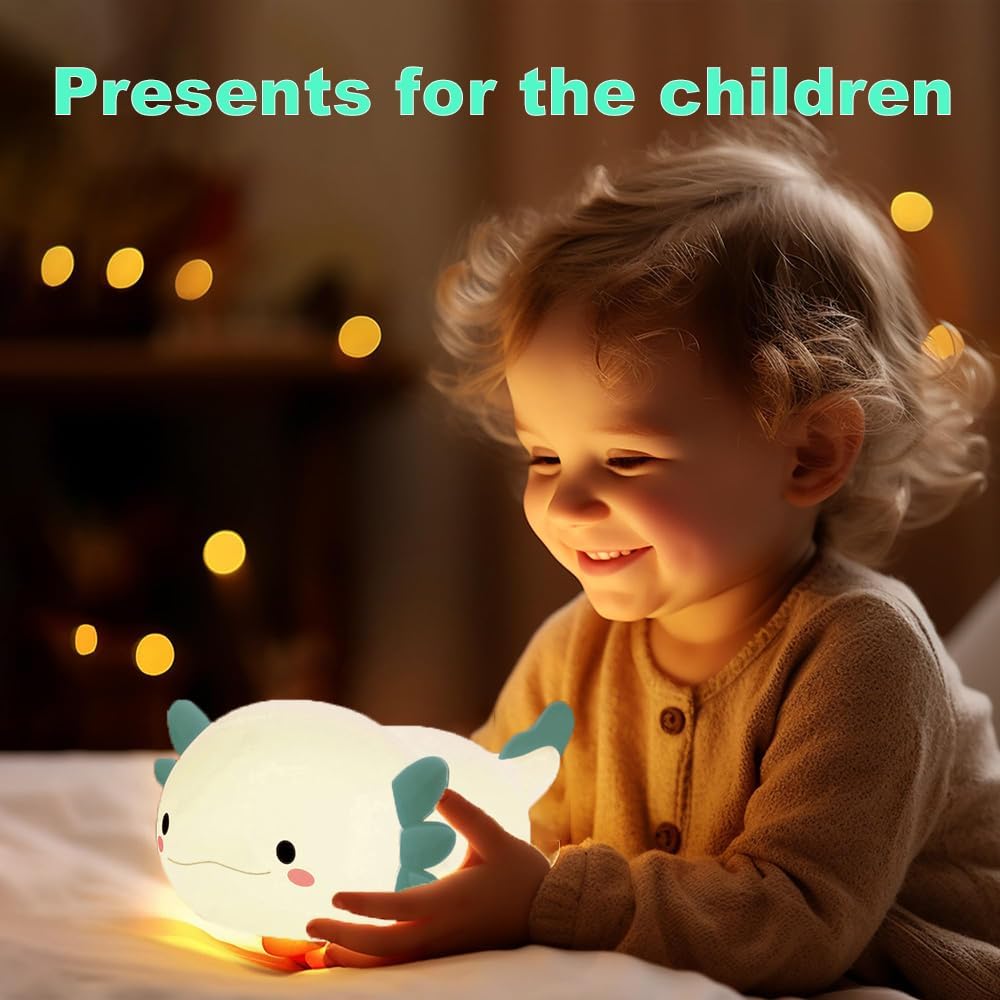 Cute Axolotl Night Light for Kids Bedroom, Animal Silicone Nursery Night Lamp Touch Control Nightlights USB Rechargeable Bedside Lamp for Baby Children Toddlers Girls Gift