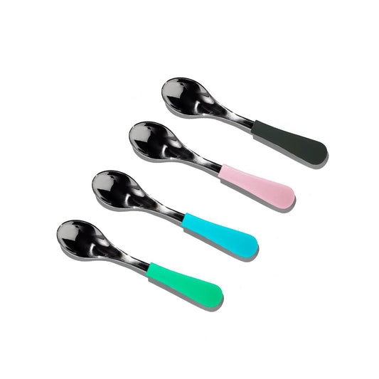 Avanchy Baby Spoons Set, Stainless Steel and Silicone Spoon Utensils, Toddler Baby Led Weaning Silverware Cutlery Flatware, Kids First Self Feeding 4 Pack, Green, Blue, Pink and Black
