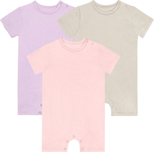 GUISBY Baby Short Sleeve Bodysuit Snap Crotch Closure Cotton Pajamas for Baby 3-Packs