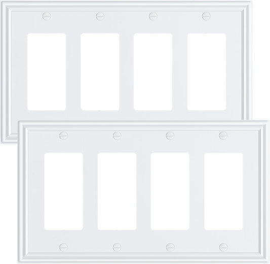 2-Pack Quad Decorator Outlet Cover Plate, Zinc Alloy Decorative Pure White Switch Plates and Outlet Covers, 4 Gang Wall Plates for Electrical Outlets, Receptacle, GFCI Outlet, Dimmer Switch