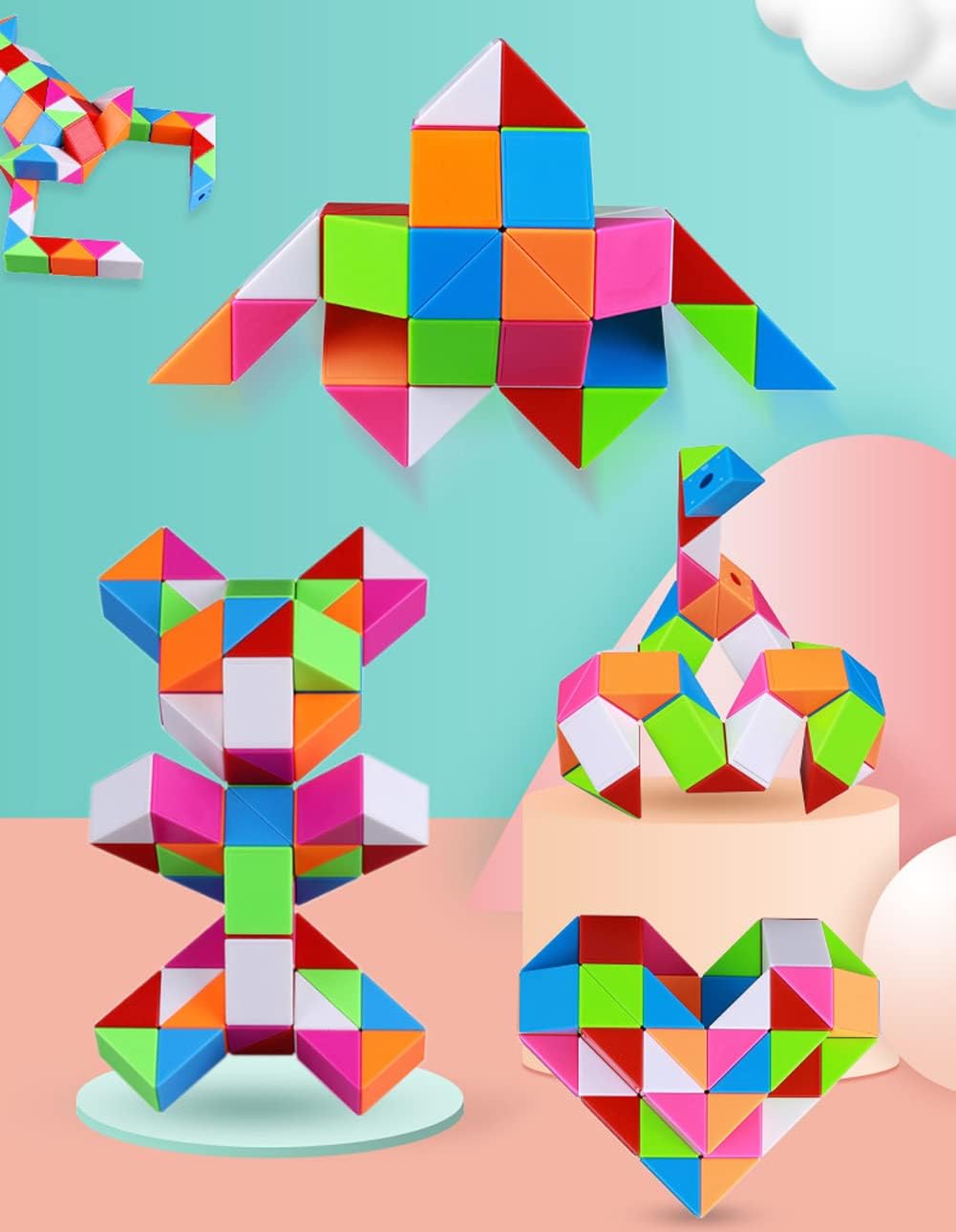 Fidget Magic Snake Cube Puzzles Twist Ruler Speed Cubes Brain Teaser Game Toys for Kids (48 Block 1PACK)