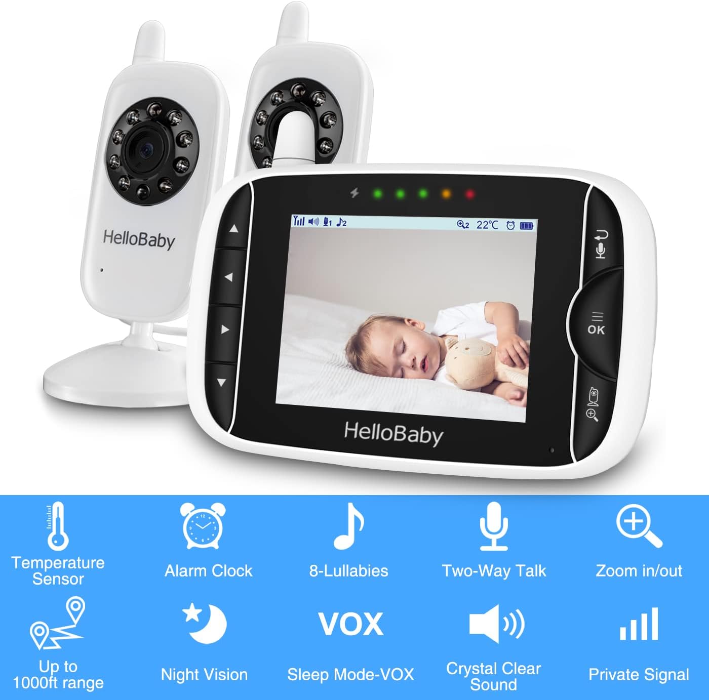 HelloBaby Baby Monitor with 2 Cameras, No WiFi, with Camera and Audio,Video, Night Vision 2-Way Audio, Fully Remote Pan & Tilt, 2X Zoom, ECO Mode, 8 Lullabies