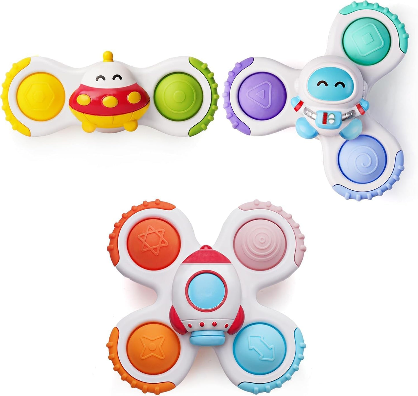 LiKee Strong Suction Cup Fidget Rotating Sensory Bath Toys for Baby 12 18 Months Airplane Car Travel Table & Window Toys for 1 2 Years Old Toddler Boys and Girls (Space-1)