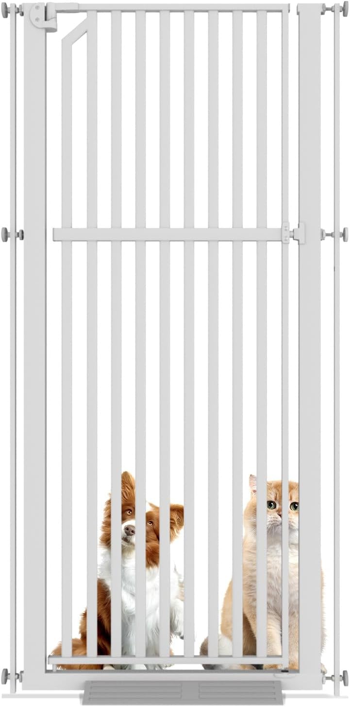 Glaf Extra Tall Pet Gate 63" Pressure Mounted Cat Door Safety Metal Cat Gate Adjustable Width Dog Door Auto-Close Dog Gates for Doorways, Stairs, Kitchen, Hallway (White, 29.92-33.46")