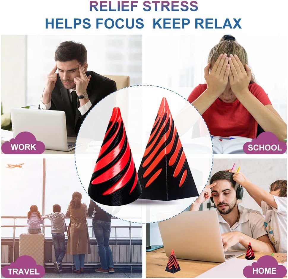 Spiral Cone Fidget Toy,Impossible Cone Pyramid Passthrough Sculpture Bulk Fidget Toys for 3D Printed,Anxiety Stress Relief Desk Deco Souvenir Mini Gift Toy for Home Office (#A-Laser Black Red)