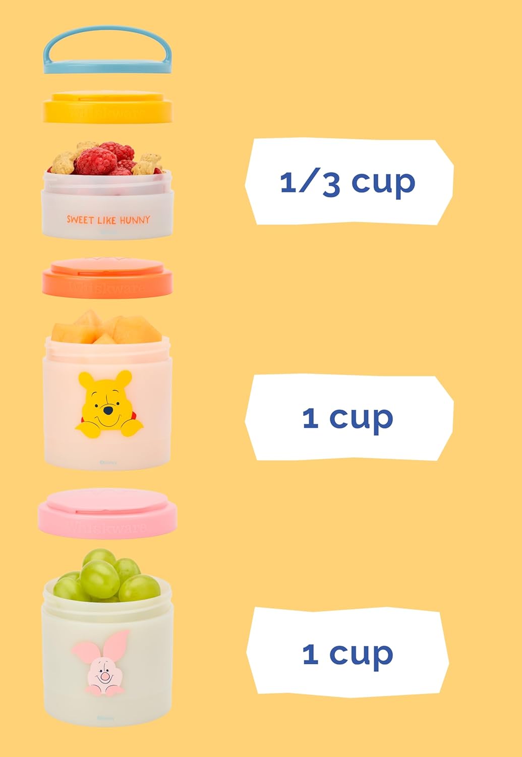 Whiskware Disney Winnie The Pooh Stackable Snack Containers for Kids and Toddlers, 3 Stackable Snack Cups for School and Travel, Sweet Like Honey, Pooh and Friends