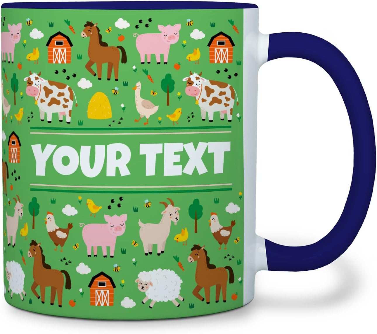 Personalized Mug for Kids - Farm Animals - Custom Name/Text, Ceramic Hot Chocolate/Cocoa/Coffee Cup for Boys/Girls, Birthday/Christmas/Holiday Gift - 11 oz, Navy Blue Handle