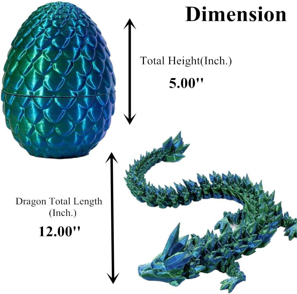 Easter Egg Dragon Egg 12Inch Dragon Toy 3D Printed Dragon Fidget Toys, 3D Printed Dragon Egg with Articulated Dragon Inside Fidget Toys for Autism/ADHD, Easter Gifts(LaserGreen)