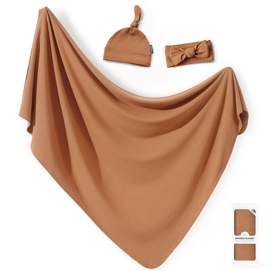 GRSSDER Newborn Swaddle Blanket, Ultra Soft Jersey Receiving Blanket with Matching Headband and Beanie Set 33×44", Stretchy Baby Neutral Swaddle Wrap for Girls and Boys