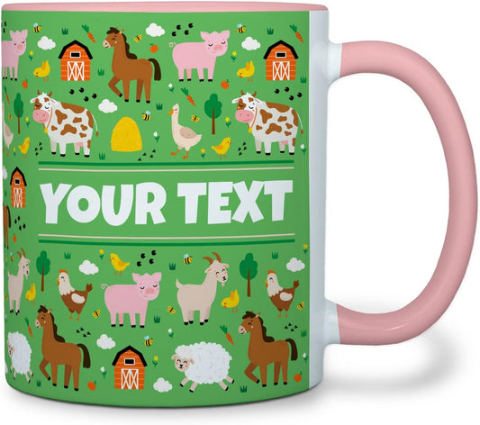 Personalized Mug for Kids - Farm Animals - Custom Name/Text, Ceramic Hot Chocolate/Cocoa/Coffee Cup for Boys/Girls, Birthday/Christmas/Holiday Gift - 11 oz, Pink Handle