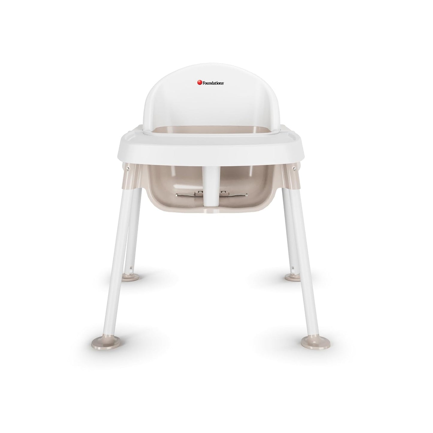 Foundations Secure Sitter 11" Feeding Chair, Stable “No Tip” Feet, 3-Point Adjustable Harness, Removable Tray, Easy to Clean, Smooth Plastic (White/Tan)