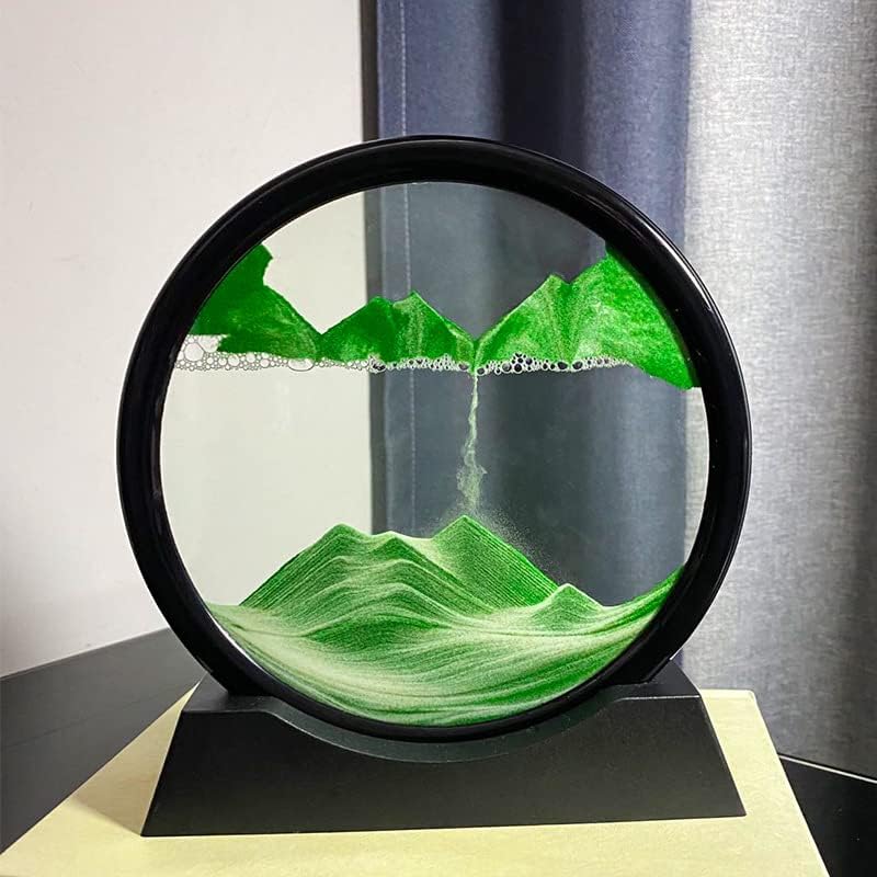 Moving Sand Art Picture in Motion Round Glass 3D Deep Sea Landscape, Dynamic Sand Art Sandscapes, Sensory Relaxing Desktop Table Decor Desk Decor Art Desk (7 inch, Green)