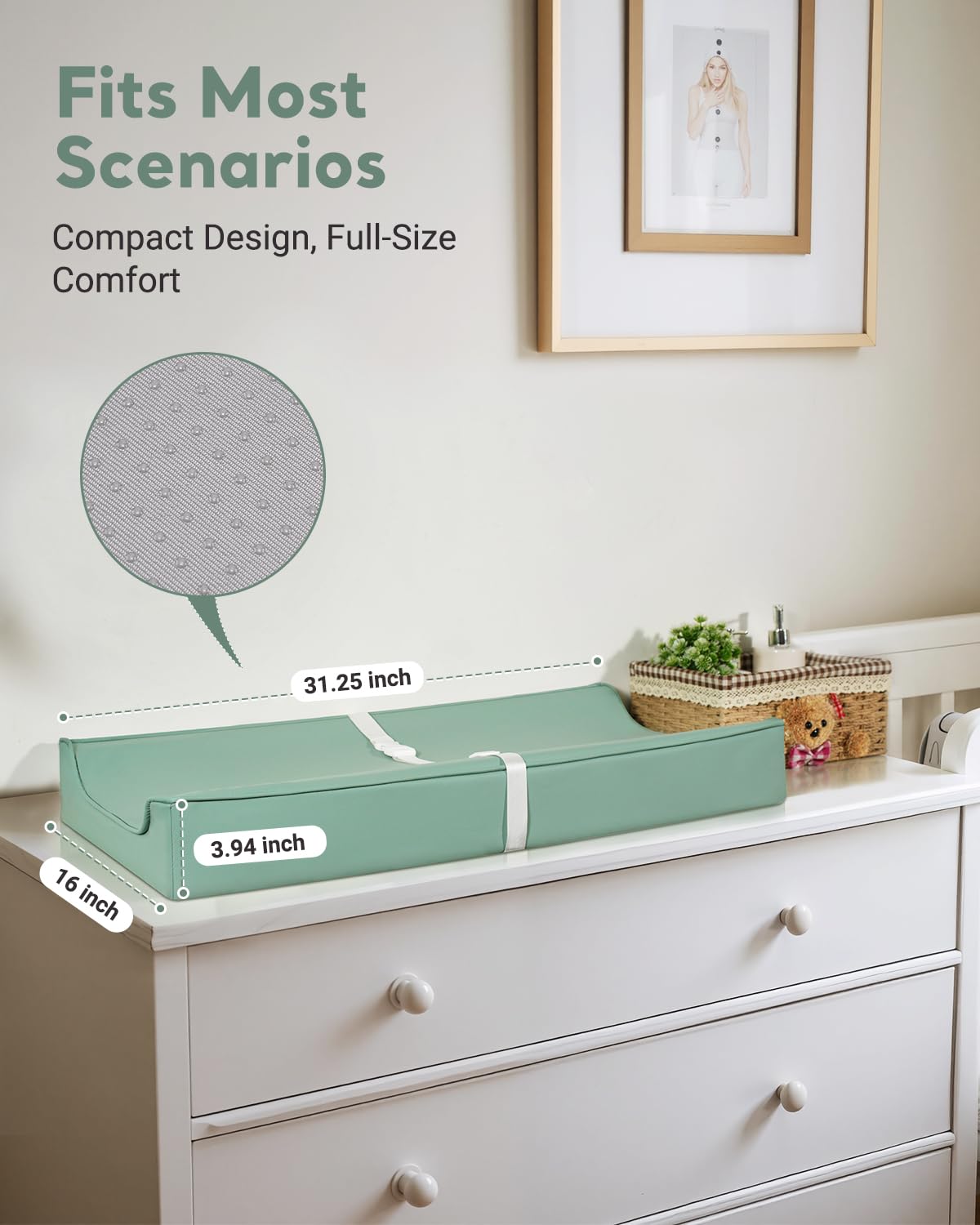 Vegan Leather Waterproof Baby Changing Pad - Wipeable, Extra Thick & Portable & Non-Slip Diaper Mat for Dresser, Crib, Travel | Soft & Safe (Green)